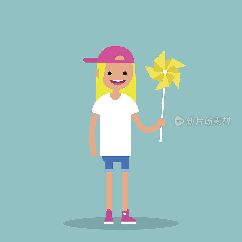 年轻快乐的女性角色拿着一个玩具风车/平面可编辑矢量插图，剪辑艺术